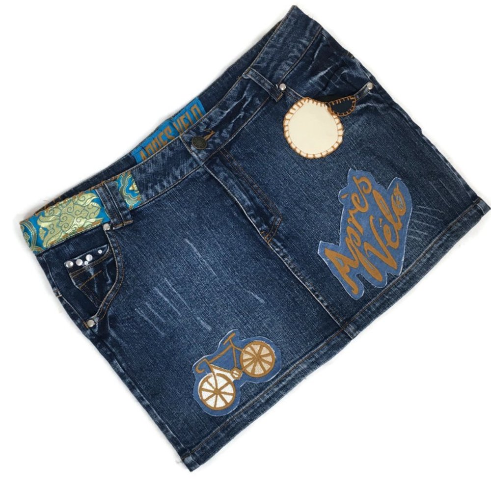 Apres Velo Denim Skirt Size 8 Blue Mini Patchwork